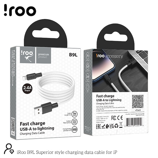 iRoo B9L Carbon Fiber Texture | 2.4A Fast Charging Type-A to Lightning Cable - 1M