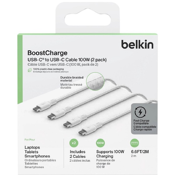 [2 Pack] Belkin BoostCharge USB-C to USB-C Cable 100W 2meter - White