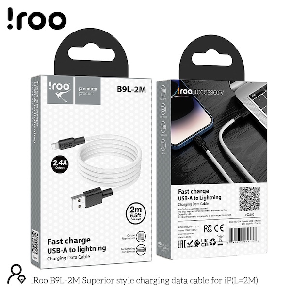 iRoo B9L-2M Carbon Fiber Texture | 2.4A Fast Charging Type-A to Lightning Cable - 2 Meters